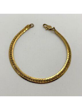 Vintage Gold Tone Herringbone Chain Bracelet Flat Chevron Textured 7 inch